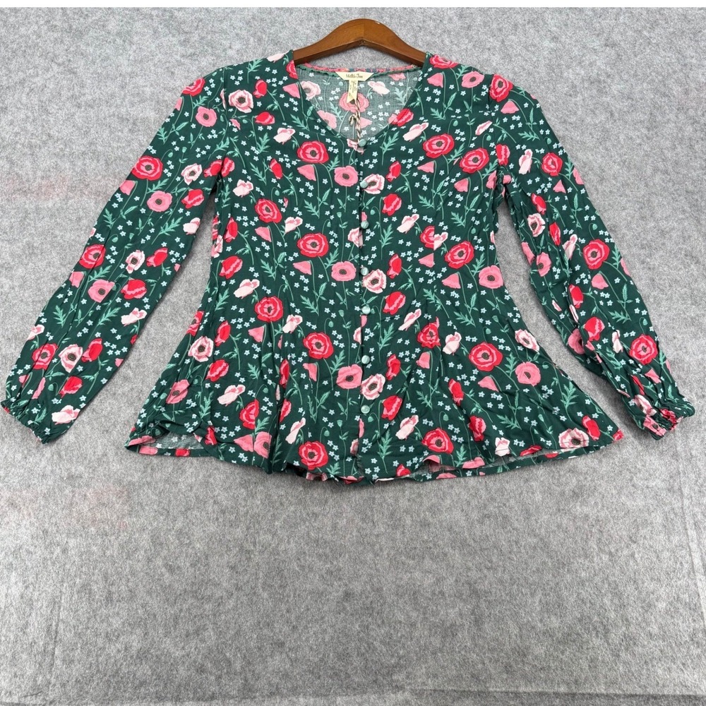 Matilda Jane Women Green Pink Poppy Floral Rayon Button Front Peplum Top M NWT